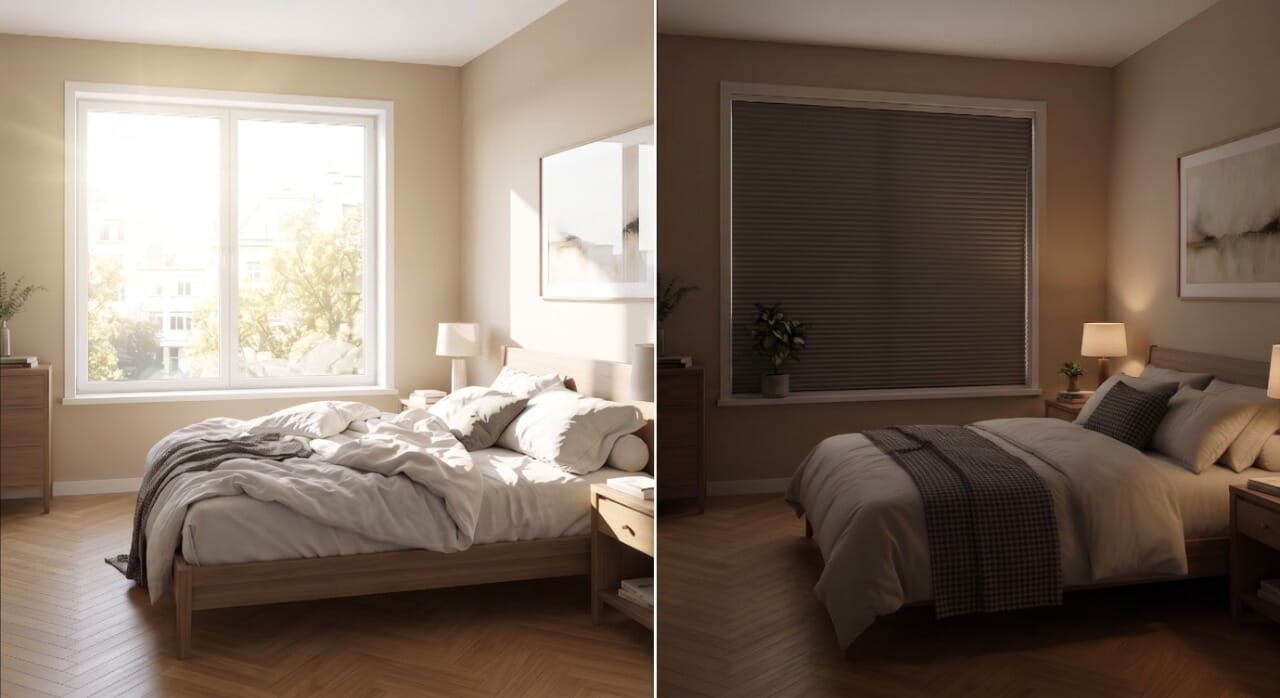 Gleiches Schlafzimmer mit Wabenplissee — dunkel und ruhig trotz Sonnenschein draußen